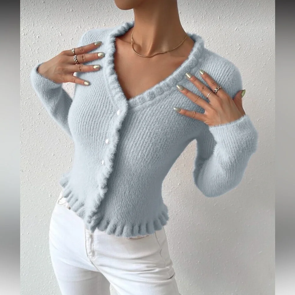 Soft Knit V-Neck Cardigan - Light Blue - Picture 1 of 7